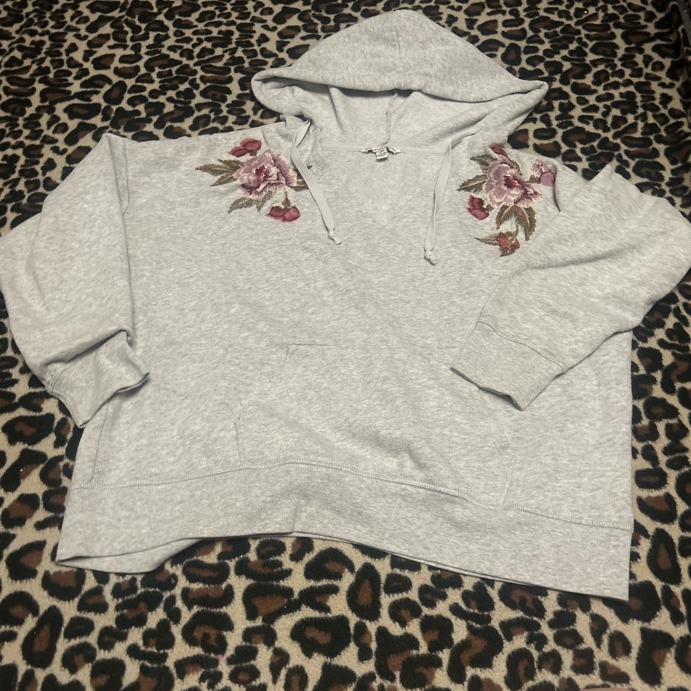 Gray Floral Embroidered Hoodie with slit